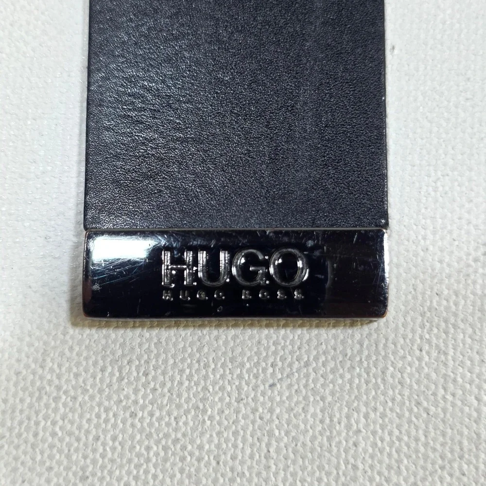 Hugo Boss Belt Mens 42 Black Leather Gunmetal Buckle Logo Tip Dress Luxury